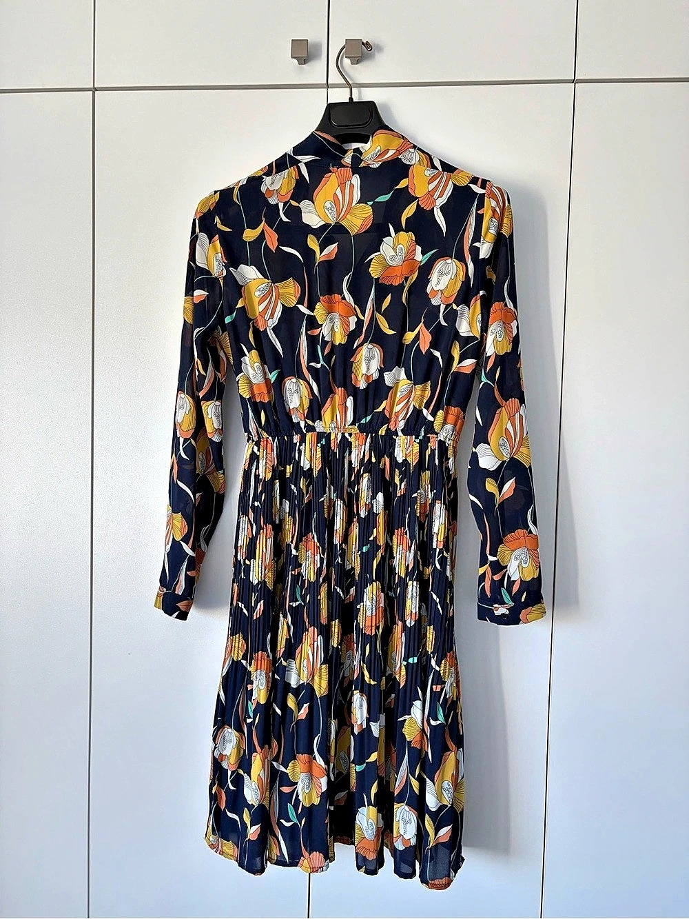 Lucy Paris Floral Tie Neck Midi Dress in Blue & Orange Like New